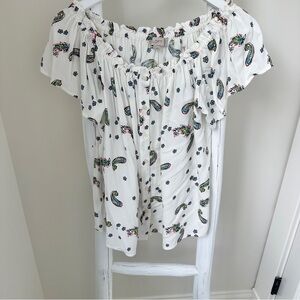 LOFT White Ruffled Blouse Colorful Paisley Design Size Medium